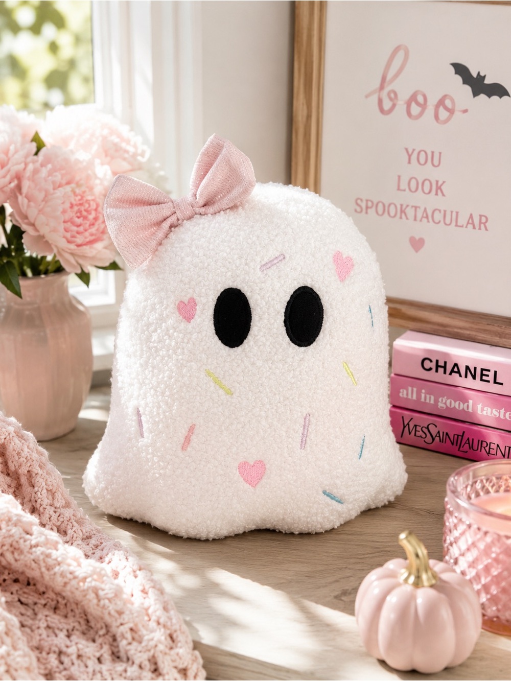 Coquette Pink Bow Ghost Plush Pillow Halloween Decor 12” White Sherpa Hearts